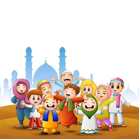 Happy Eid Mubarok With Children Muslim Vector Download Png Image