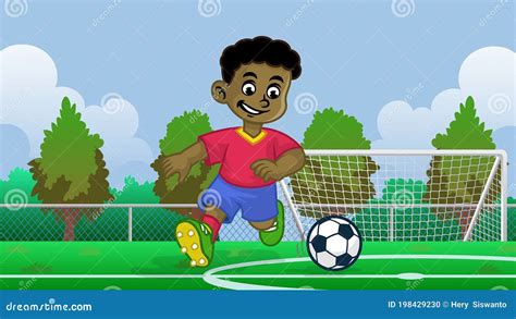 Cartoon Black Boy Soccer Player In The Field Vector Illustration