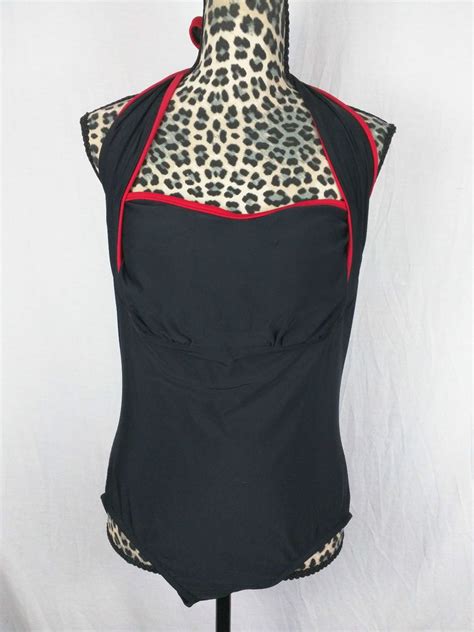 Carol Wior Shape Detector Slimming Swimsuit 16 Pinup Halter Red Black