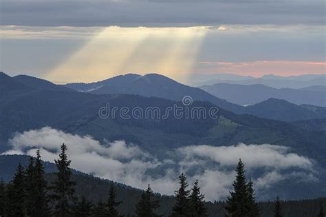 Majestic Sunset In The Mountains Landscape With Sunny Beams Dramatic