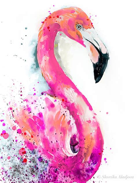 Pink Flamingo Watercolor Painting Print By Slaveika Aladjova Art