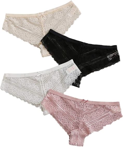 Shein Womens 4 Pack Lingerie Floral Sheer Lace Briefs Underwear Panty Set Multicolor Solid