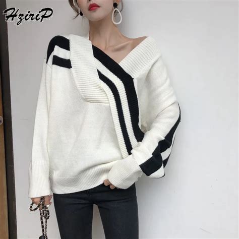 Hzirip 2018 Autumn Winter Comfortable Knitted Female Slash Neck Pullover Sweaters Color Matching