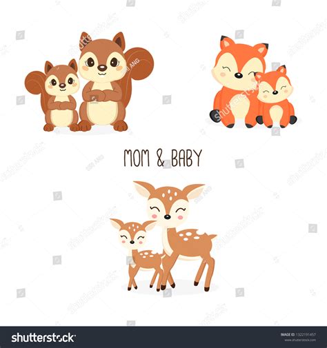 Cute Mother Baby Woodland Animals Foxesdeersquirrels 库存矢量图（免版税
