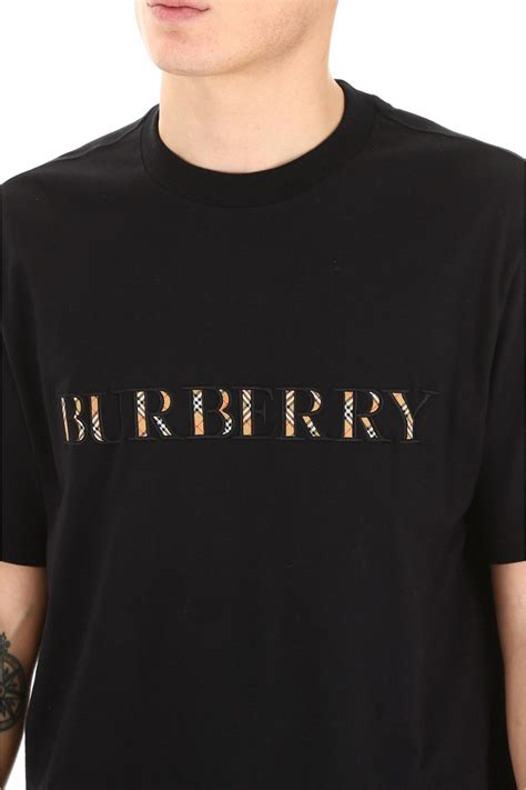 Burberry Check Logo Cotton T Shirt In Black For Men Lyst