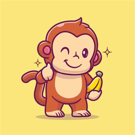 Lindo Mono Sosteniendo Plátano Con Pulgar Arriba Cartoon Vector Icono