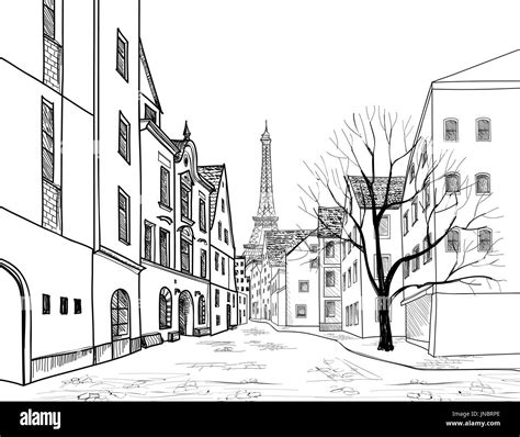 Paris Street Cityscape Houses Buildings And Tree On Alleyway With
