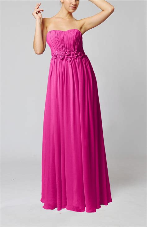 Hot Pink Evening Dress Elegant Empire Strapless Floor Length Flower
