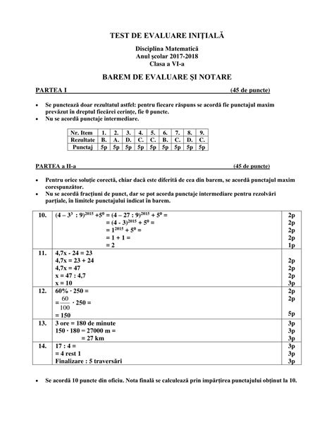 Test Initial Matematica Clasa A 6 A Rezolvare Barem De Corectare Si