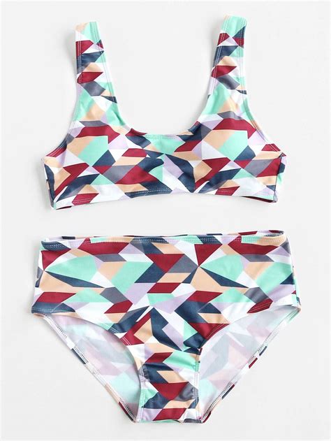 geometric print high waist bikini set shein sheinside