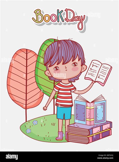 Little Boy Holding Open Book Stacked Books In Grass Vector Illustration