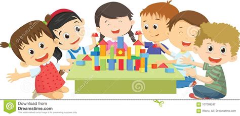 Happy Children Playing Together With Blocks Stock Vector Illustration