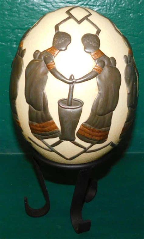 Ostrich eggs were used as perfume containers, food containers, containers for water or milk, drinking cups, and bowls. Decorated Ostrich Egg On Stand