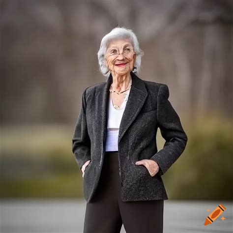 Elegant Elderly Woman In Plaid Wool Outfit