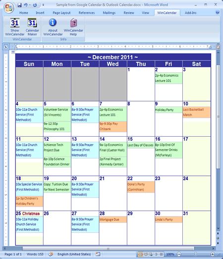 Microsoft Word Printable Calendar