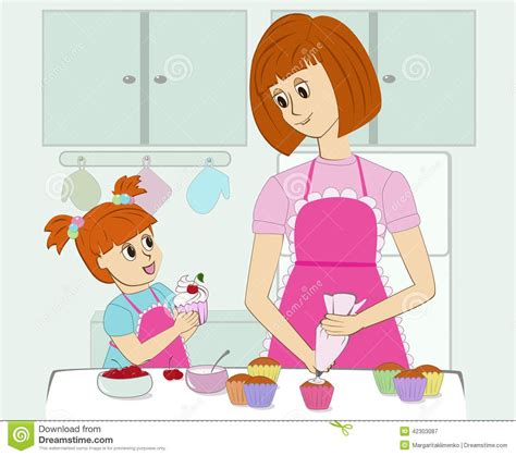 Mother And Her Daughter Cooking In The Kitchen Stock Vector Image Stock Illustration Clip Art