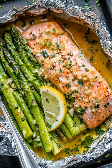 Baked Salmon In Foil With Asparagus And Lemon Garlic Butter Sauce Nutrition Line