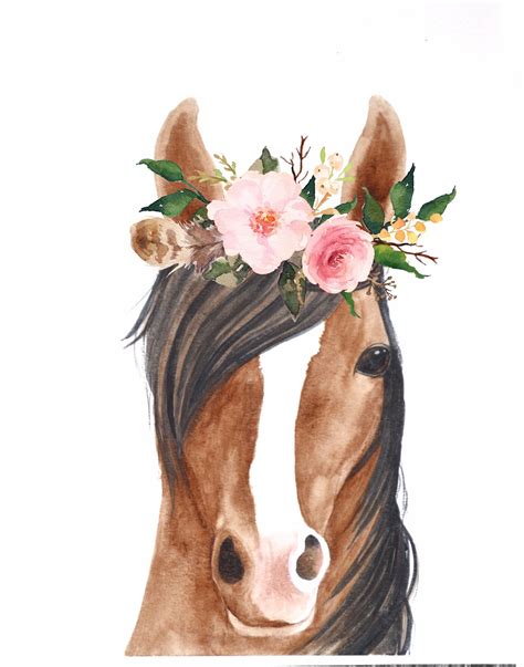 Horse Flower Crown Watercolor Wall Art Print Etsy