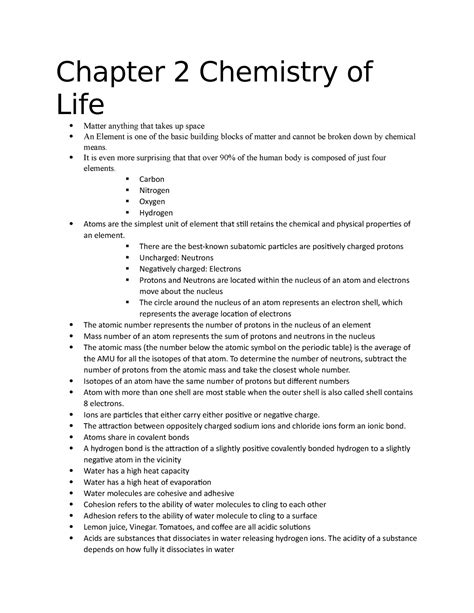 Chapter 2 Chemistry Of Life Study Guide Chapter 2 Chemistry Of Life