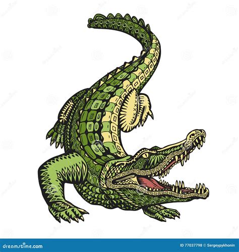 Ethnic Ornamented Alligator Or Crocodile Hand Drawn Vector