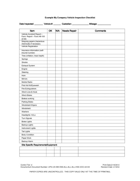 Editable Vehicle Inspection Checklist Template Vehicle Inspection