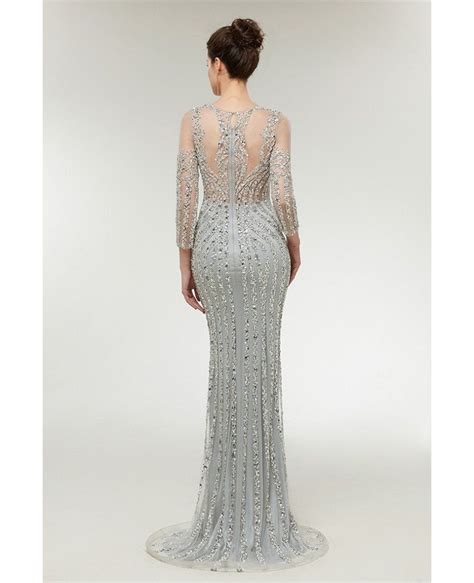 Sparkly Sexy Mermaid Silver Prom Dress With 34 Sleeves C004