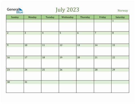 Fillable Holiday Calendar For Norway July 2023