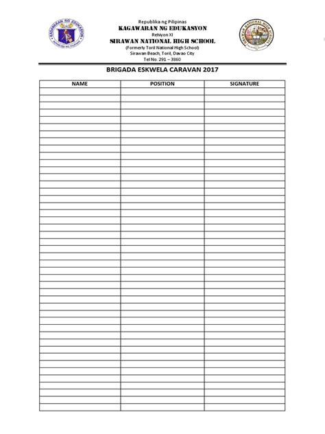 Brigada Eskwela Attendance Sheet B