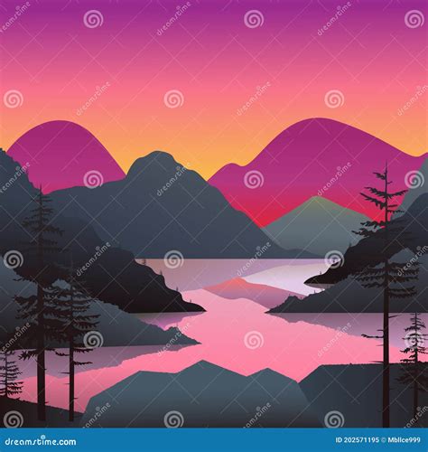 Illustration Of The Mountain And Lake Landscape With Fir Tree