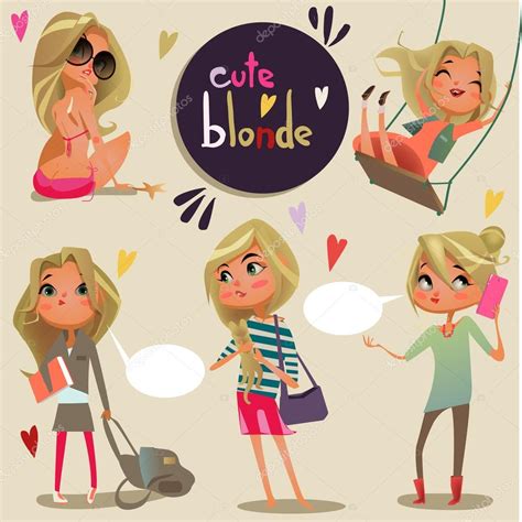 Set With Cute Cartoon Blonde Girl Premium Vector In Adobe Illustrator