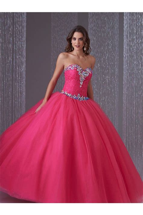 Puffy Ball Gown Hot Pink Lace Tulle Beaded Corset Quinceanera Prom