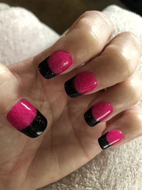 Hot Pink And Black Powder Dip Nails Dipped Nails Pink Black Nails