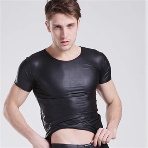 New Arrival Sexy Faux Leather T Shirts Cool Men Tight Shirts Leather