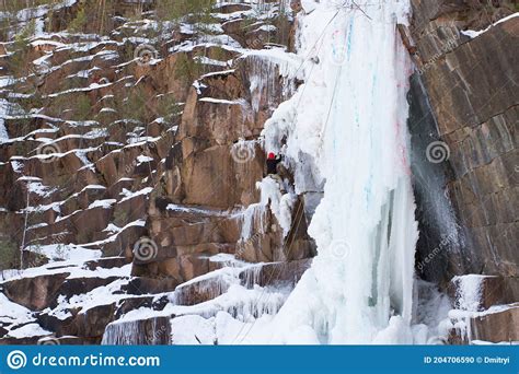 Rock Climbers Climb A Frozen Waterfall Stock Photo Image Of Dangerous