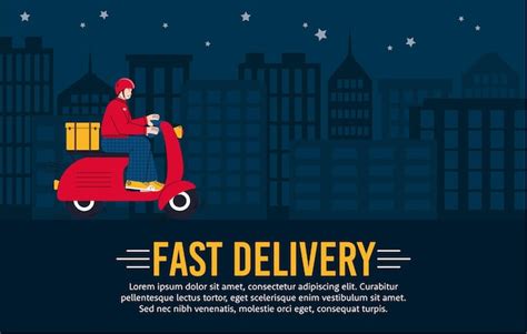 Premium Vector Fast Night Delivery Service Banner With Courier Man