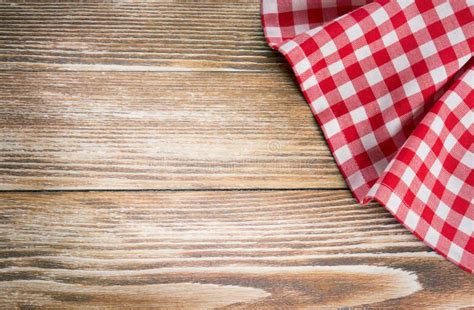 Red Picnic Cloth On Wooden Backgroundnapkin Tablecloth On Old W Stock