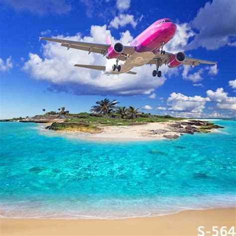 8x8ft Wolken Hemelsblauw Zee Groene Palm Tree Island Vliegtuig Zand