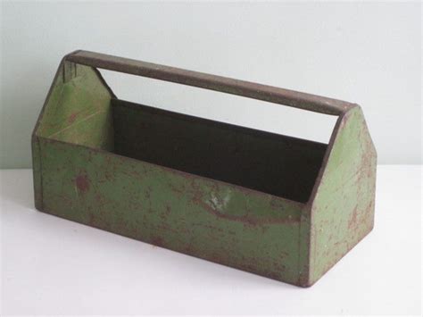 Vintage Worn Green Metal Carry All Handled Box Carpenters