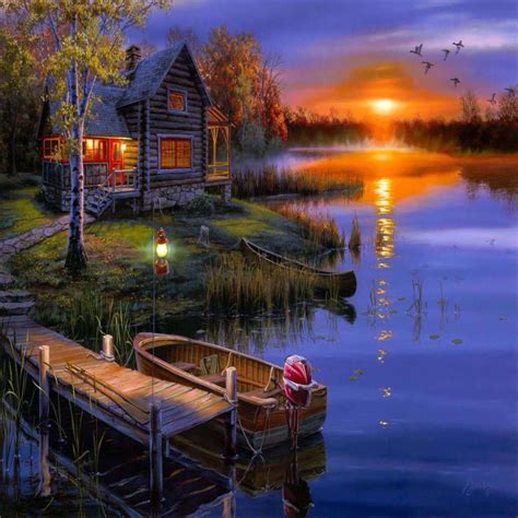 Новости Cabin Sunset Lake House Painting House In The Woods