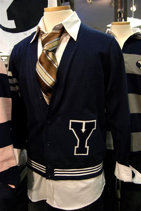 For him: BYU collegiate style, Sunday dress, Letterman rugby cardigan