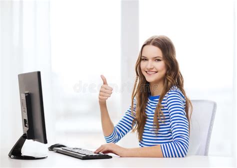Dreaming Teenage Girl With Computer At Home Stock Photo Image Of
