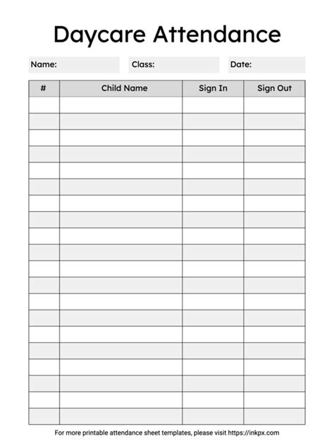 Free Printable Single Day Black And White Daycare Attendance Sheet