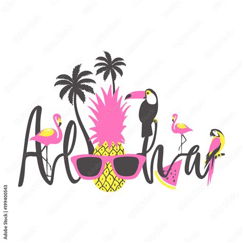 aloha summer poster with toucan flamingo parrot pineapple and palm vector illustration