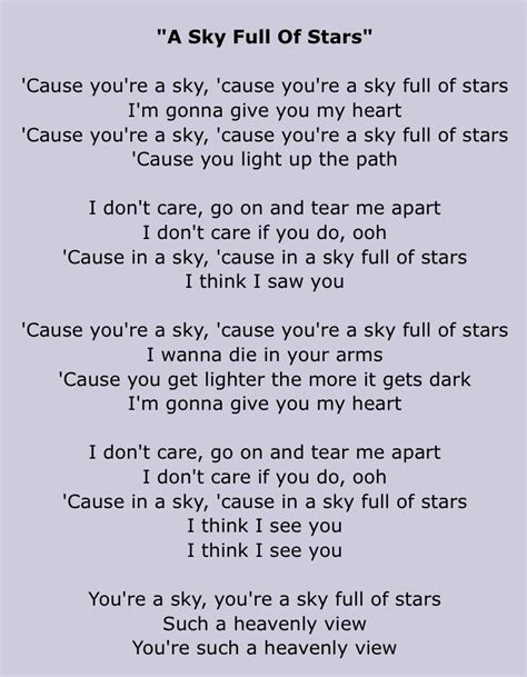 Coldplay A Sky Full Of Stars Lyrics Great Song Lyrics Song Lyric Quotes Music Lyrics