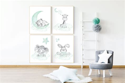Nursery Wall Art Mint And Gray Nursery Wall Art Animals Baby Etsy