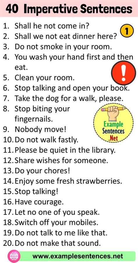 An imperative sentence is one in which we assert something, such as when we issue a command, make a request, or give advice, directions, or instructions. 40 Example of Imperative Sentence, Definition and Examples ...