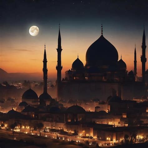 Premium Ai Image Silhouette Dome Mosques On Dusk Sky And Crescent Moon