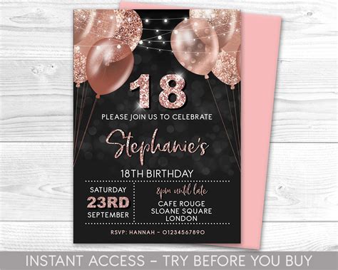 18th Birthday Invitation Editable 18th Invite Rose Gold Etsy Australia