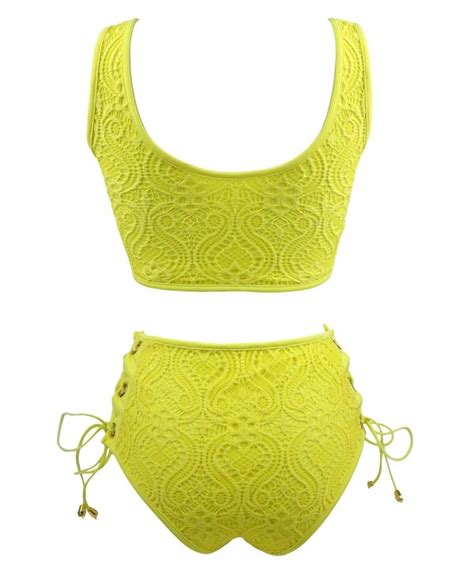womens sexy lace up hollow out bikini set floral lace high waisted swimsuit bathing suit