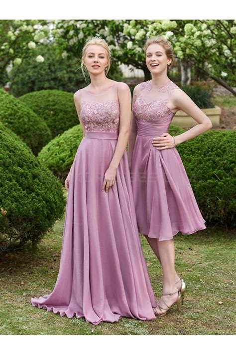 When selecting wedding guest dresses, think about whether the wedding and reception will be held indoors, or outside. A-Line Lace Chiffon Illusion Neckline Long Wedding Guest ...
